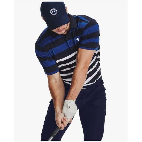 Under Armour Mens Polo 2XL Blue White Playoff 3.0 Golf Shirt Striped Loose Fit - Picture 5 of 8